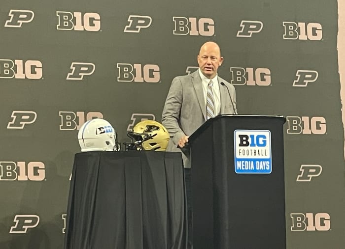 Purdue head coach Jeff Brohm speaks at Big Ten Football Media Days.